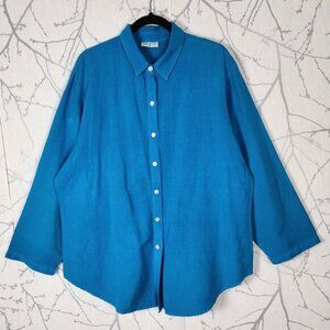 Spirit Turquoise Blue 55% Linen Blend Button Front Blouse